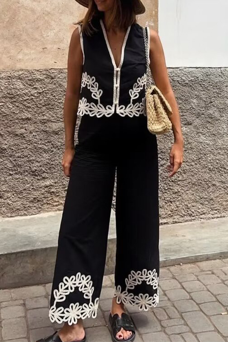 Tamara® | Abiti a due pezzi casual con scollo a V senza maniche ricamati in tinta unita a contrasto