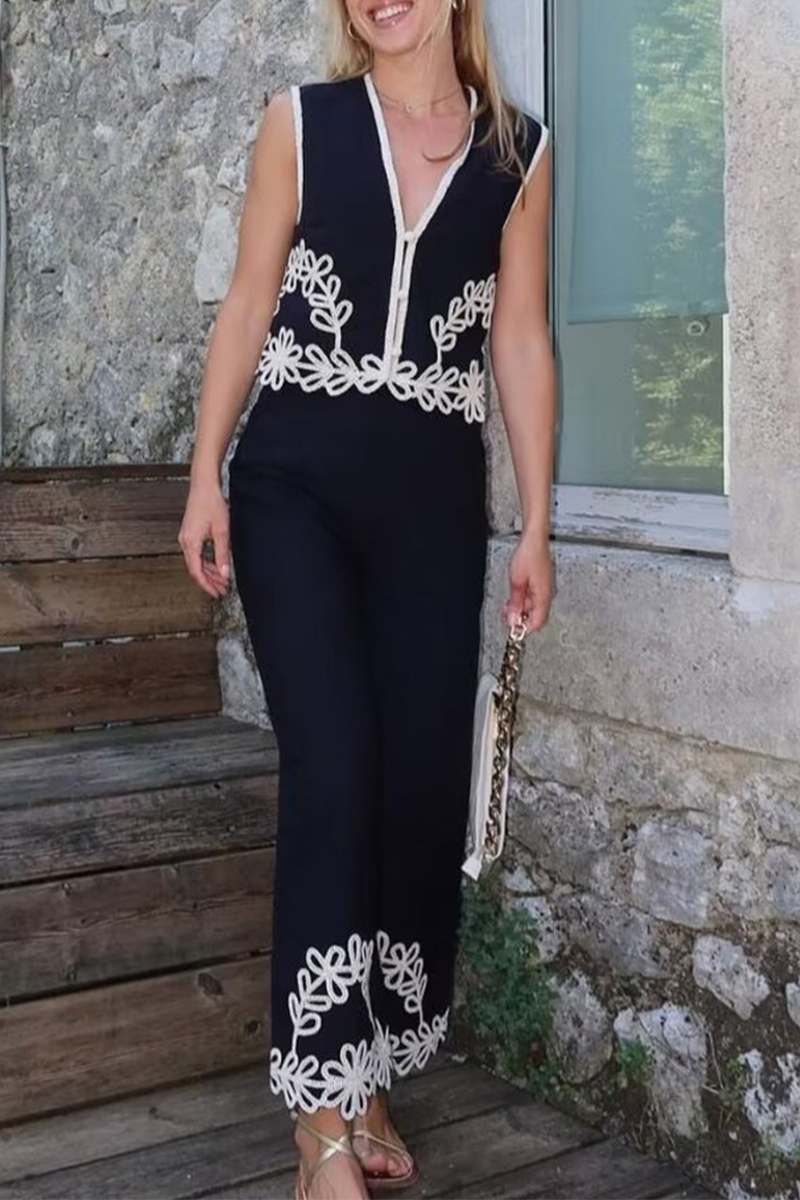 Tamara® | Abiti a due pezzi casual con scollo a V senza maniche ricamati in tinta unita a contrasto