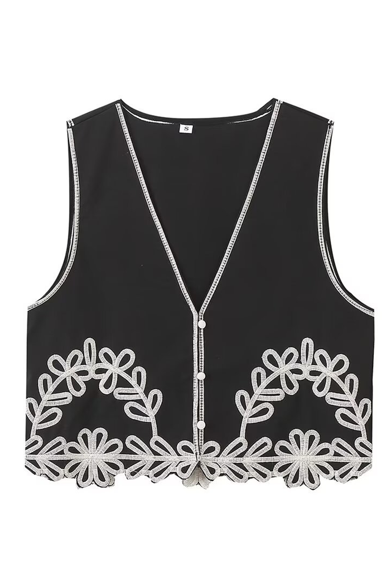 Tamara® | Abiti a due pezzi casual con scollo a V senza maniche ricamati in tinta unita a contrasto