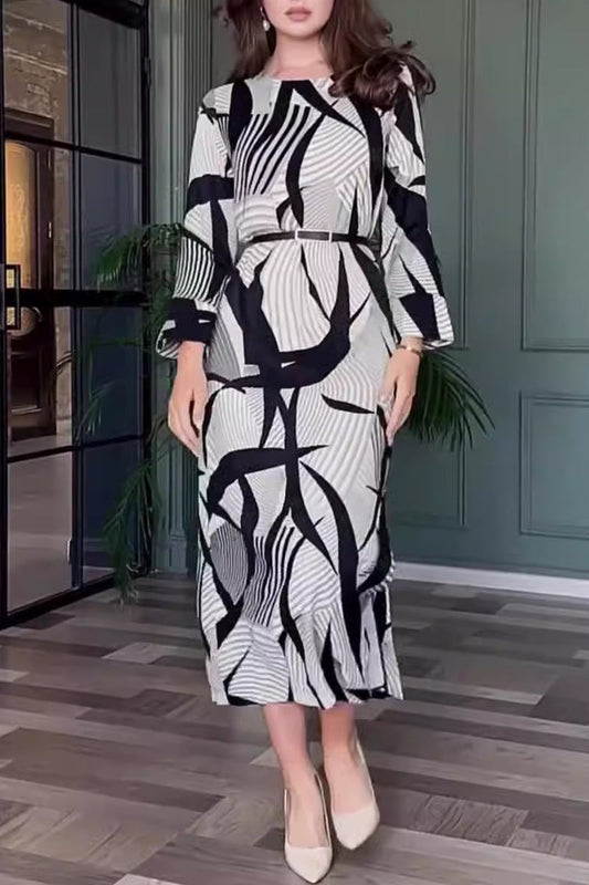 Rhiannon® | Elegante stampa a righe con cerniera per cintura, scollo a O, abiti a trapezio