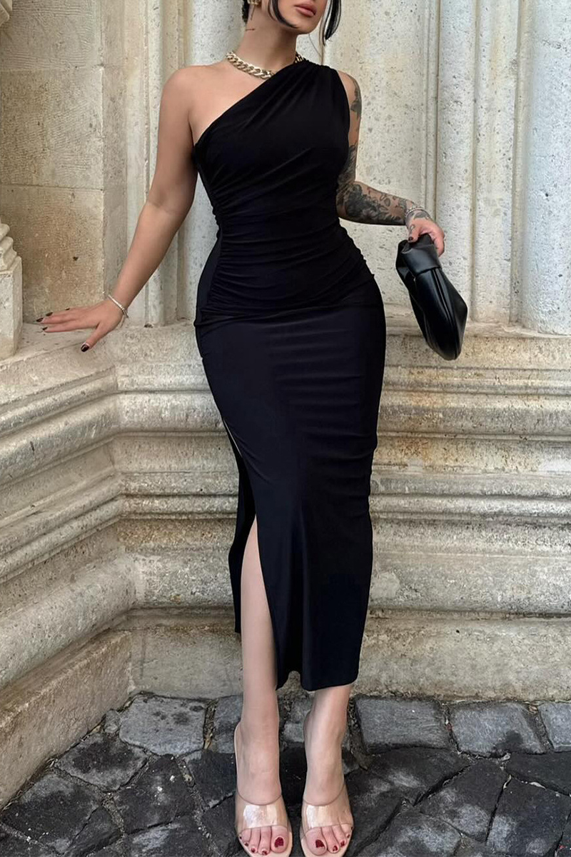 Viviana® | Abiti sexy in tinta unita con spacco, colletto in sbieco e gonna ad un balzo