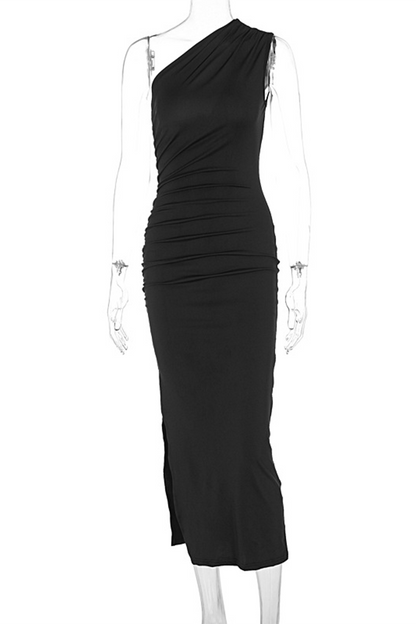 Viviana® | Abiti sexy in tinta unita con spacco, colletto in sbieco e gonna ad un balzo