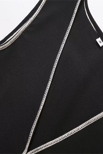 Tamara® | Abiti a due pezzi casual con scollo a V senza maniche ricamati in tinta unita a contrasto